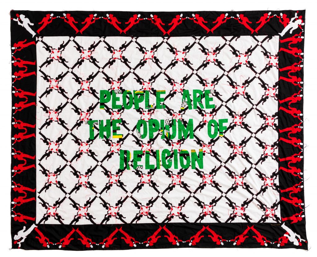 Lawrence Lemaoana, People are the Opium of Religion, 2018, Embroidery on Kanga fabric, 232 x 290 cm, Courtesy Luc Bellier
