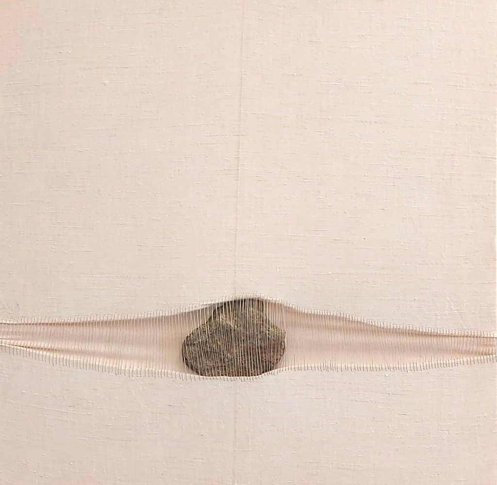 Sidival Fila, Senza Titolo Pietra Cucita, 2023, Antique linen with stitched stone, on frame, 55 x 55 cm