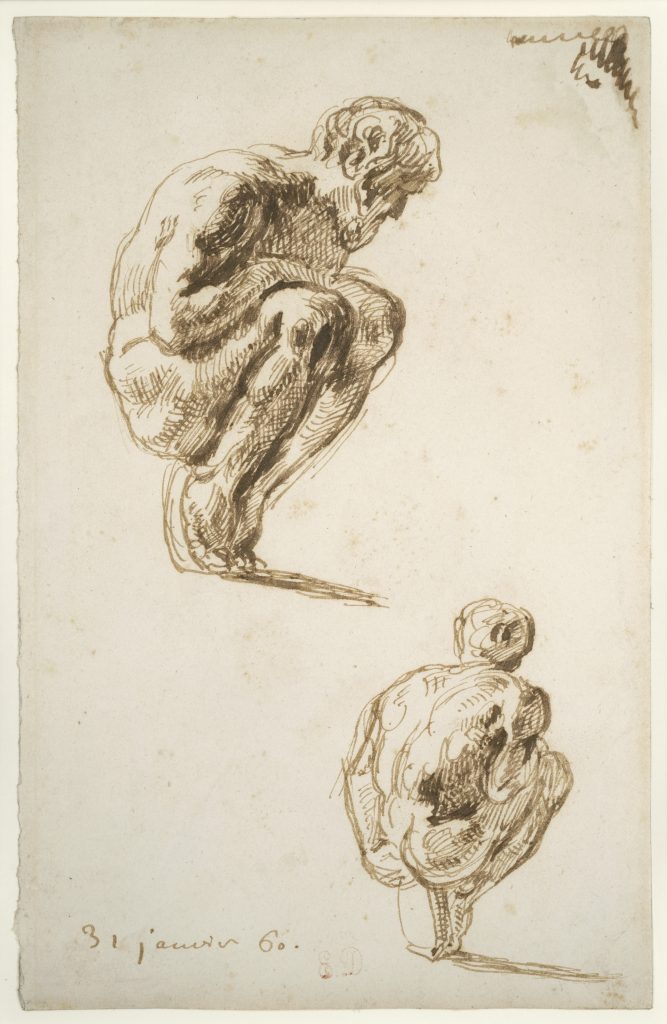 Eugène Delacroix, Deux études d’un homme nu accroupi sur une pierre, 1860, Pen and brown ink on paper, Dated lower left January 31, 60, Bearing the artist's stamp (Lugt no. 838a), lower center, Mounted with exhibition no. 122, 20 x 13 cm (with frame 34 x 42 cm)