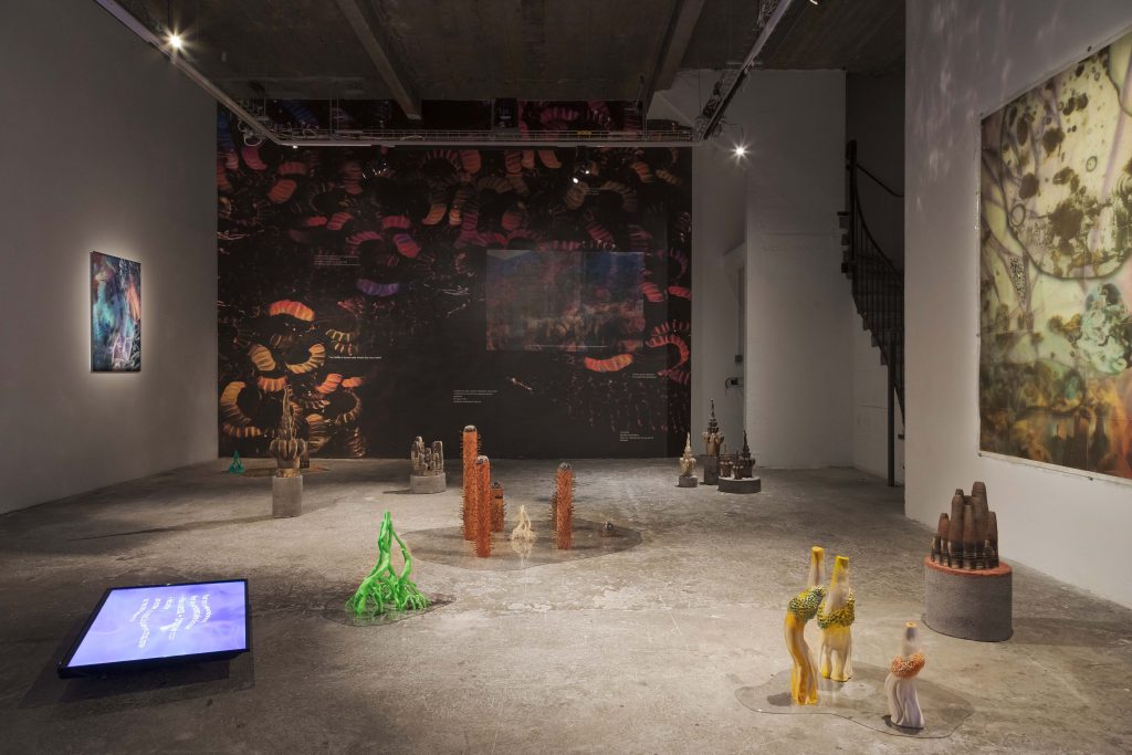 Josèfa Ntjam, CAC La Traverse, Alfortville (FR), 2022, Exhibition view of "and we’ll kill them with love…" (solo show), Photo : Theo Christelis
