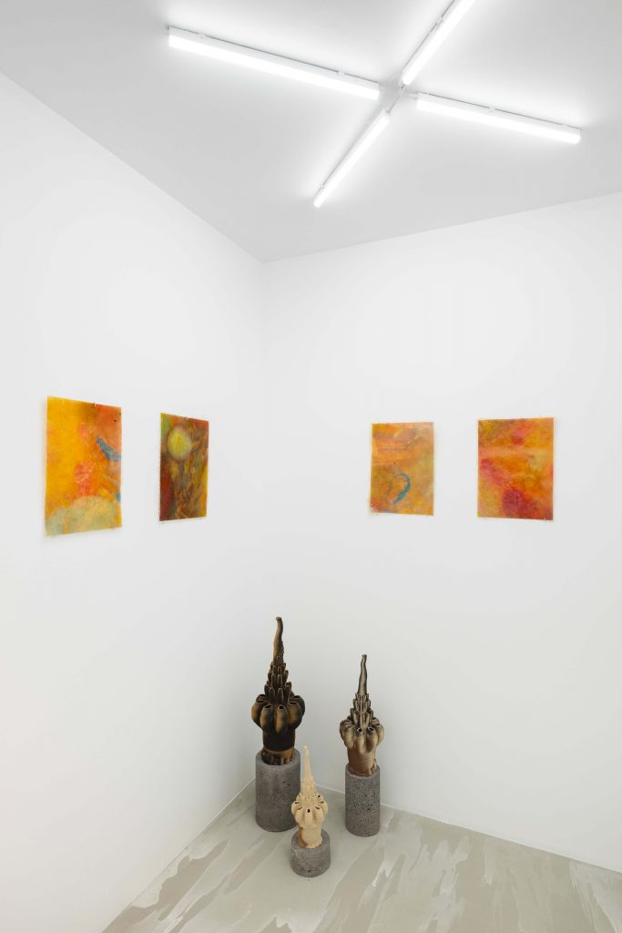 Josèfa Ntjam, Galerie Poggi, Paris (FR), 2023, Exhibition view of À L’Orée des Songes, duo show with Ittah Yoda. Photo : Andrea Rosetti