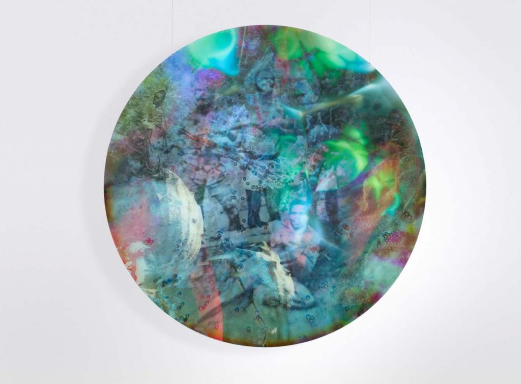 Josèfa Ntjam, The Deep & Memories (Maquisards), 2023, UV print on Plexiglas, D : 186 cm