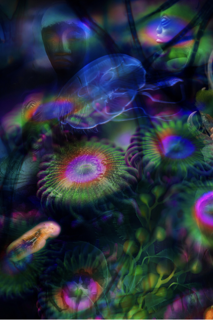 Josèfa Ntjam, Ectocarpus #1, 2023, Photomontage printed by sublimation on aluminum, metal frame, 180 x 120 cm