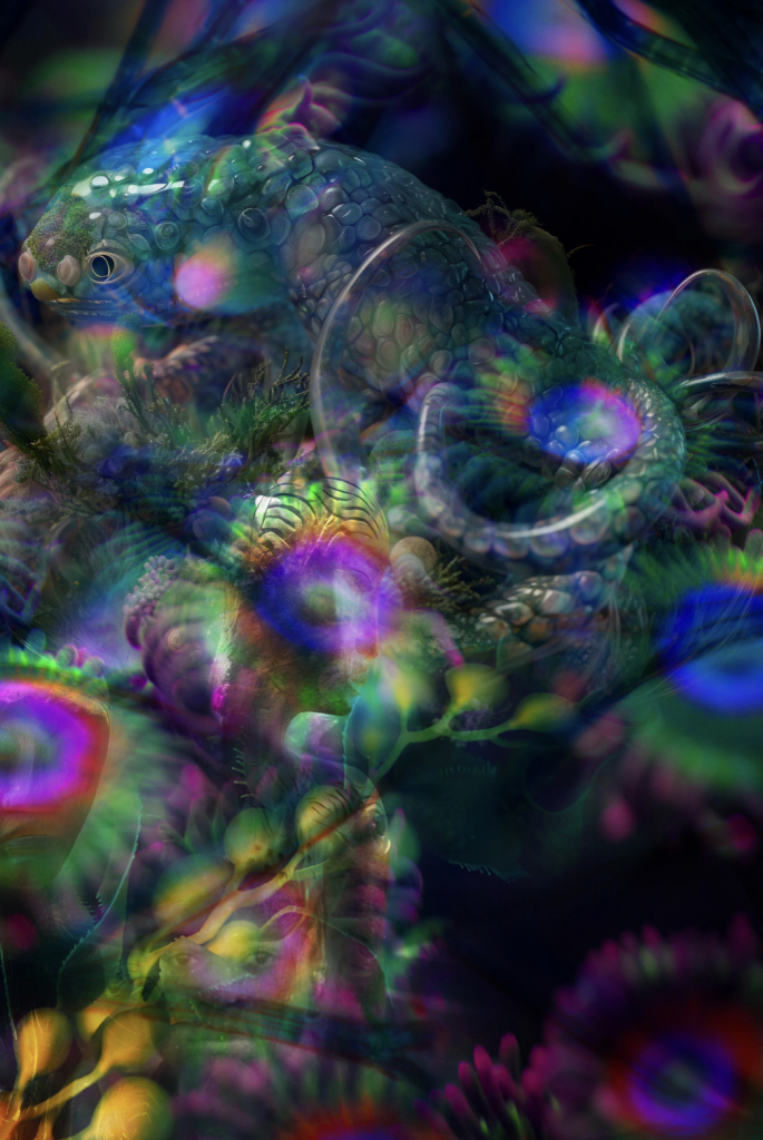 Josèfa Ntjam, Ectocarpus #2, 2023, Photomontage printed by sublimation on aluminum, metal frame, 180 x 120 cm, Enquire