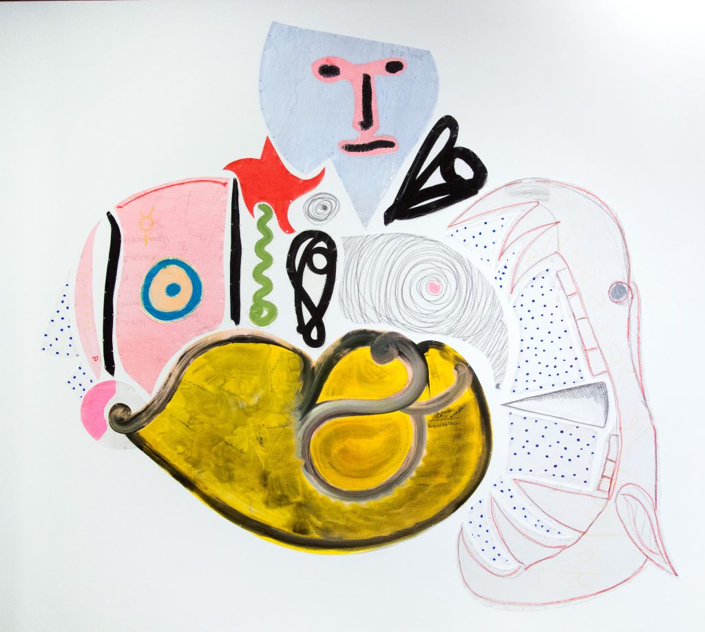 Christian Bonnefoi, Composition 14 - La rencontre d'Aladin et de Yolande De Soissons, 2014, Silk paper and acrylic on mural