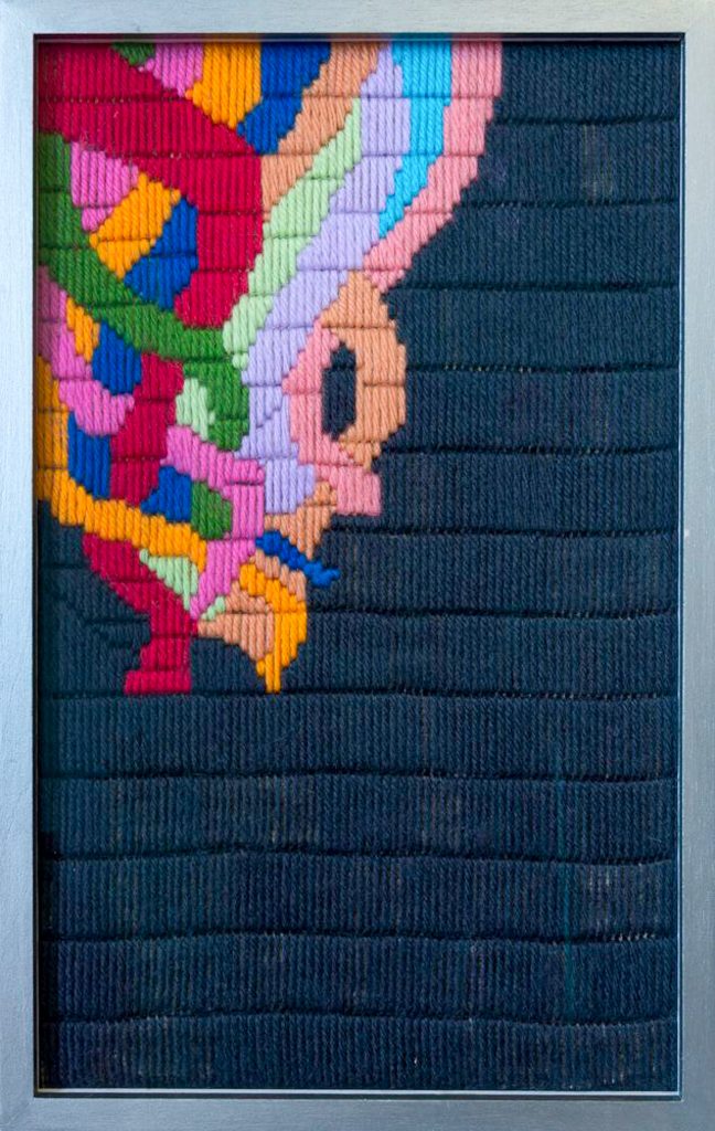 Georges Tony Stoll, Identification Absurde 15013, 2018, Wool, canvas, glass, silver-painted wood, 34 x 21 cm