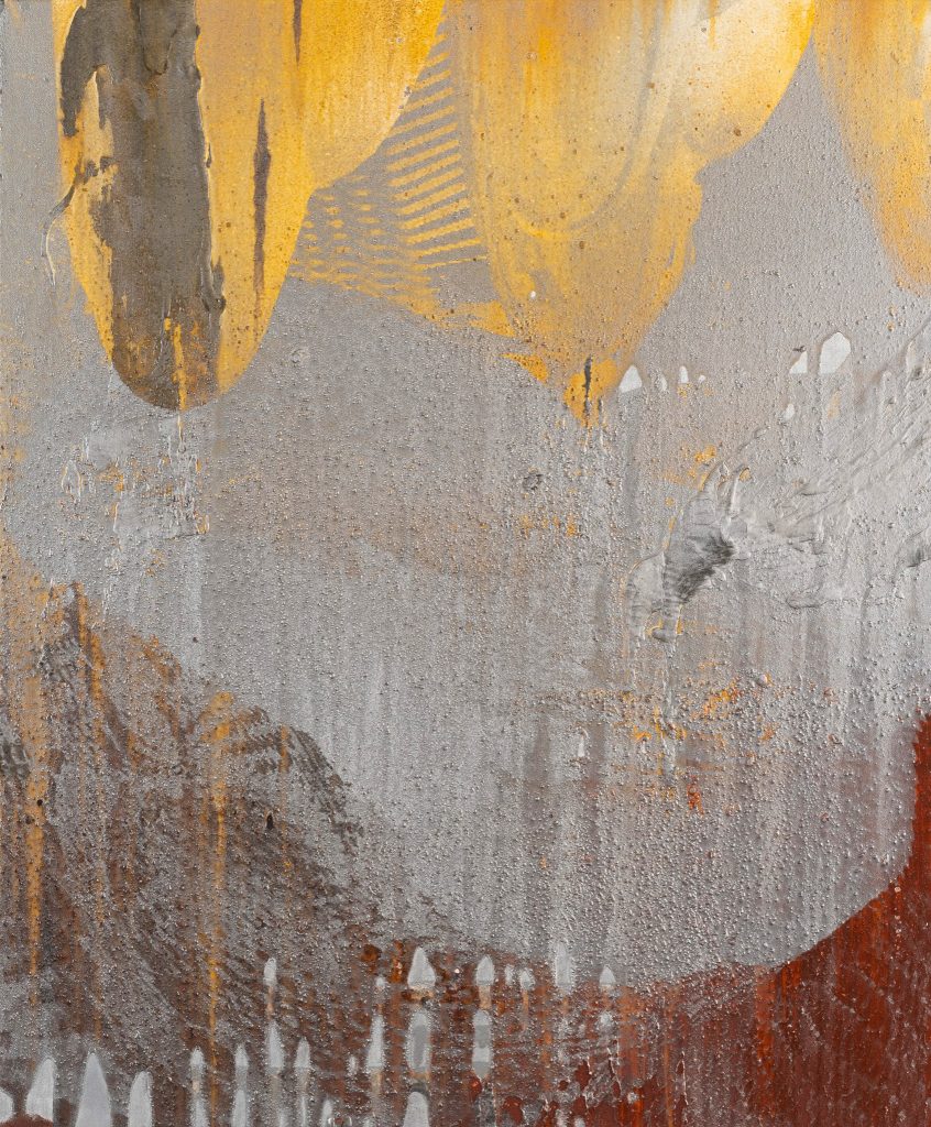 Ittah Yoda, Elon, 2023, Lithographic ink painted on canvas, airbrush paint, oil sticks, handmade pigments by the artists, 45 x 38 cm