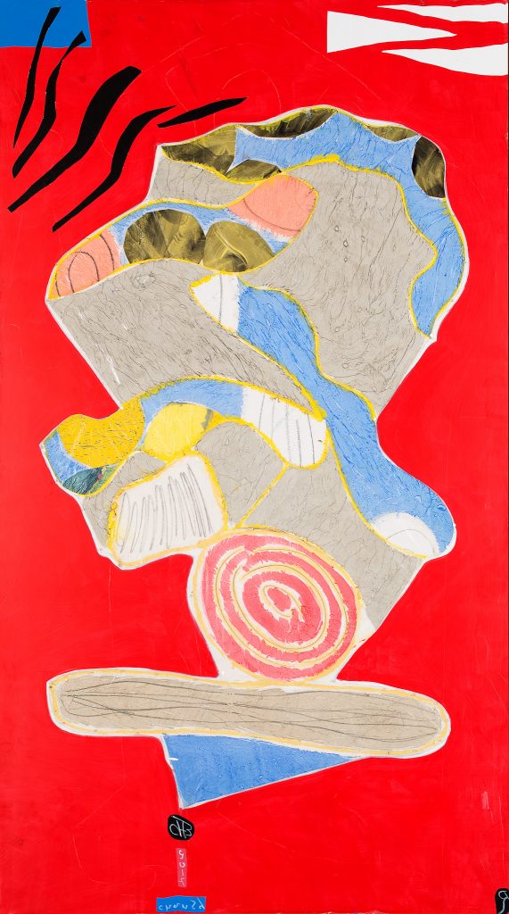 Christian Bonnefoi, Dos - La visite à Zulma, 2017, Acrylic and collage on panel, 229 x 129 cm