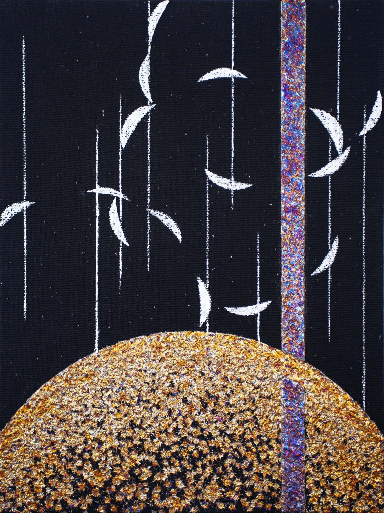 Seffa Klein, Multiple Displacement No. 25 (Three Times and You), 2020, Bismuth metal and bismuth eutectic alloy on woven glass, 81.3 x 61 cm