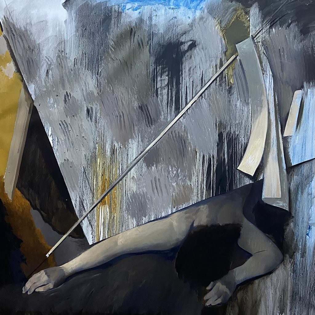 Nikita Kadan, The figure under the fallen stage backdrops I, 2025, Huile sur toile / Oil on canvas , 200 x 200 cm, 78 3/4 x 78 3/4 in