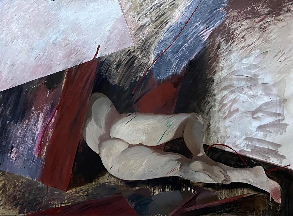 Nikita Kadan, The figure under the fallen stage backdrops III, 2025, Huile sur toile / Oil on canvas,  150 x 200 cm, 59 x 78 3/4 in