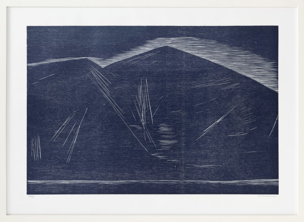 Anna-Eva Bergman, GB 26-1967 Fjord, 1967, Woodcut, Edition B. Printed in manganese blue and silver (silver dominant), numbered proof 22/50 and signed, on BFK Rives wove paper, 50 × 74 cm – 62.2 × 86 cm, Erker-Presse, St. Gallen, printer and publisher, Edition of 22/50