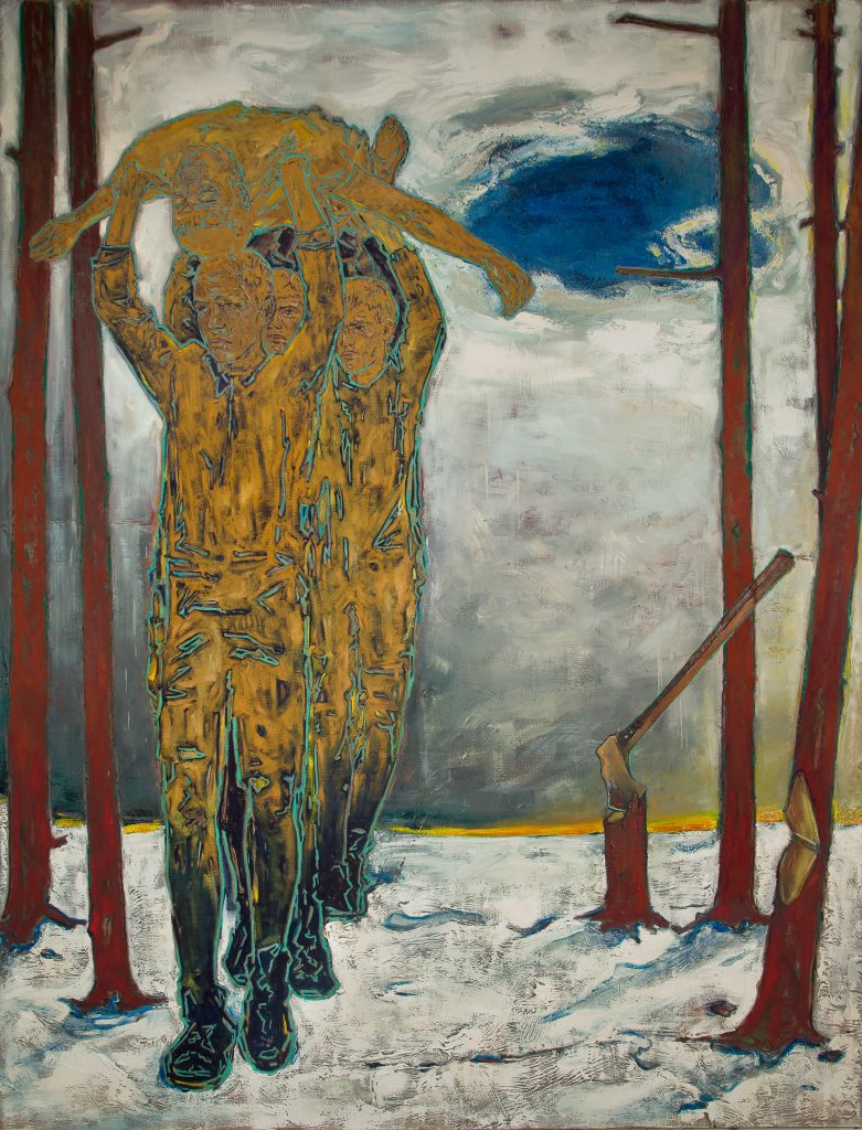Anthony Goicolea, The Woodcutters' March, 2023, Oil, cold wax and sand on raw linen canvas, 203.2 x 155 cm, 80 x 61 in