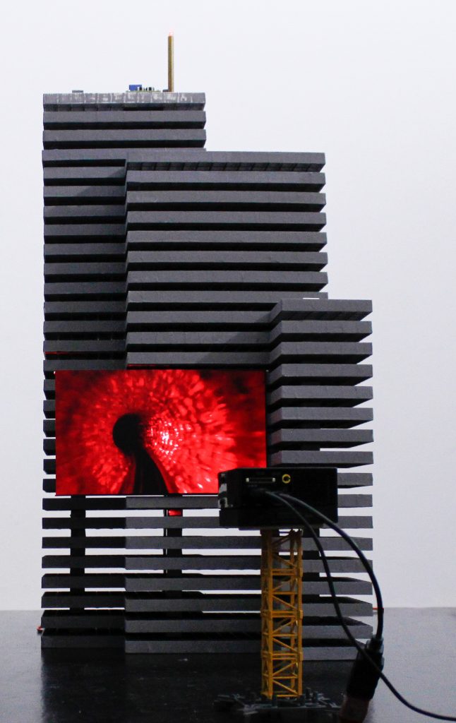 Bertrand Lamarche, The Tower, 2019, Mixed media, video projector, sound, 45 x 45 x 70 cm