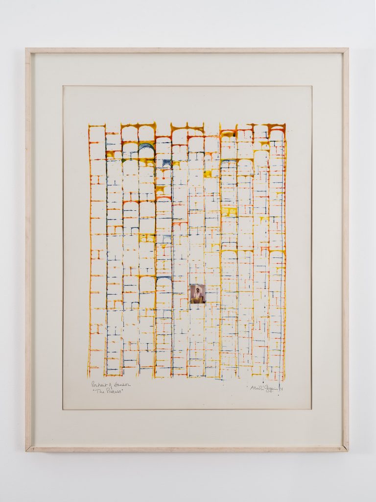 Brion Gysin, Portrait of Hanson, "The Process II", 1974, Photographic collage on superimposed auroller grids, 65 x 50 cm, Courtesy of Galerie Véronique Smagghe, © . Kit