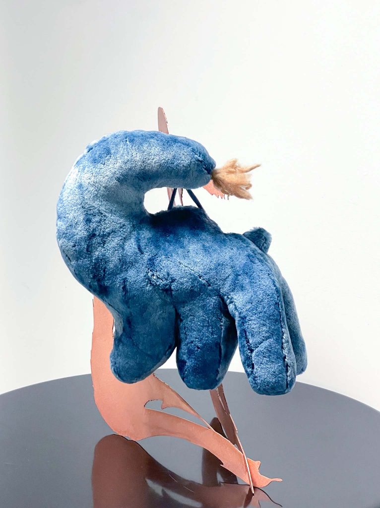 Ittah Yoda, Anaelle, 2024, Wool, mohair dyed by artists using dye plants (indigo, walnut husks), laser-cut steel with copper patina, olfactory work Learning to fly created in collaboration with David Chieze (Luzi, Mark Buxton)
