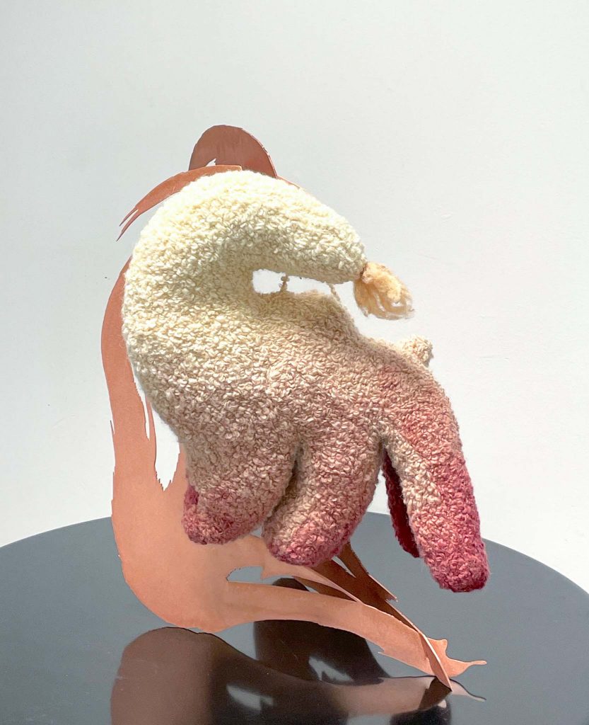 Ittah Yoda, Iris, 2024, Wool, mohair dyed by artists using dye plants (Campeche, walnut husks), laser-cut steel with copper patina, olfactory work Learning to fly created in collaboration with David Chieze (Luzi, Mark Buxton)