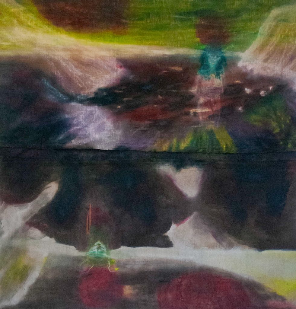 Kai Yoda, Arcadio, 2025, Oil on linen, dust, pigment collected by the artist, rabbit skin glue, French linen, Jakarta linen, stitching, 195 x 205 cm