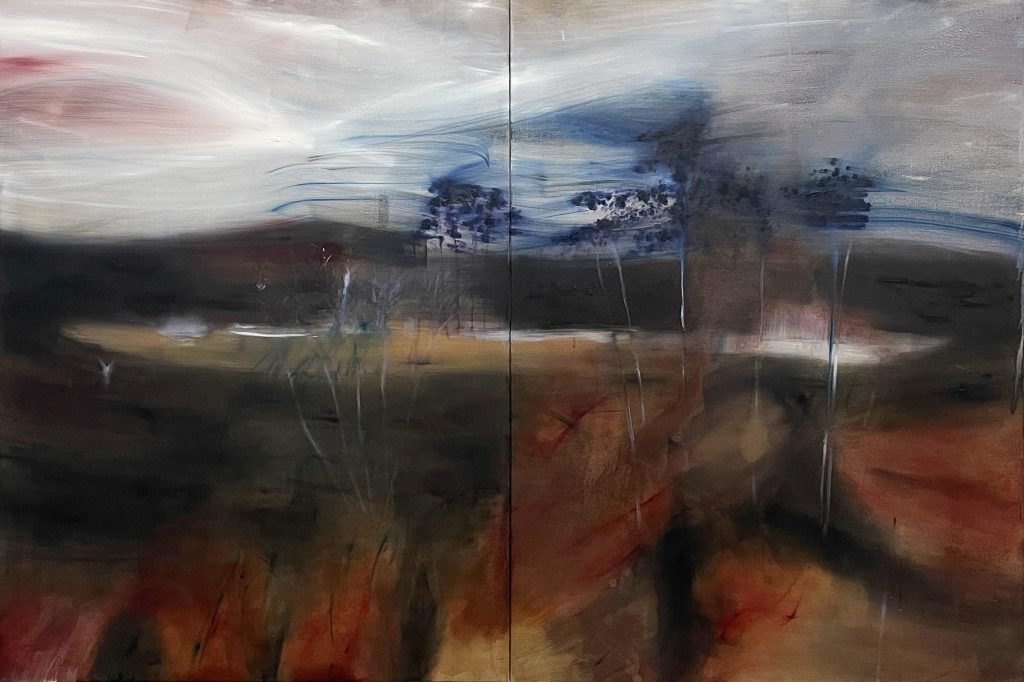 Kai Yoda, Candra, 2025, Oil on linen, dust, pigment collected by artist, rabbit skin glue, Diptyque, 160 x 240 cm