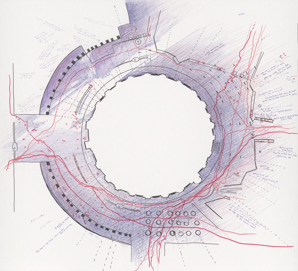 Larissa Fassler, Bourse de Commerce I - 18h, 2024, Plume et crayon sur papier, 107 x 117 cm (encadré)