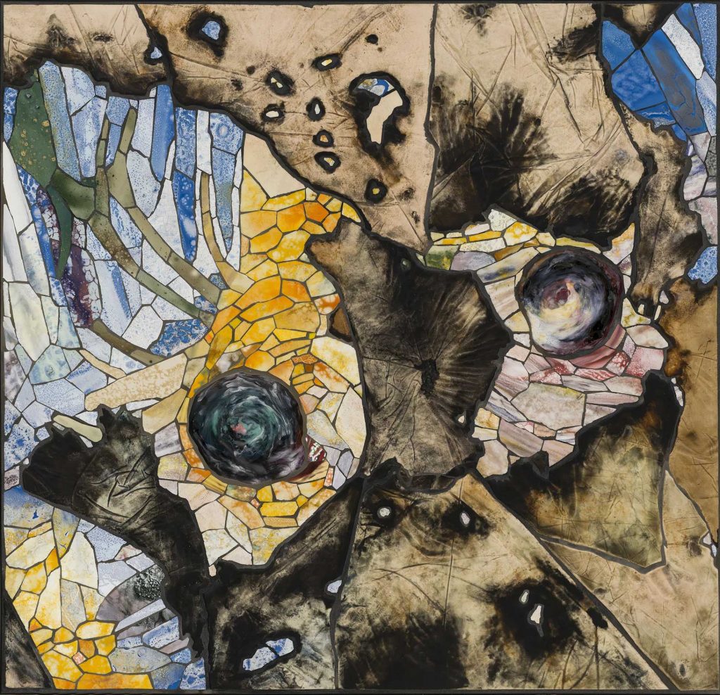 Manuel Mathieu, Smoke Signal, 2026, Mosaic on metal frame, 24 x 24 in