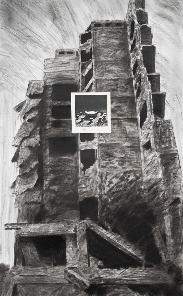 Nikita Kadan, Universal Ruins (Kyiv) & Universal Ruins (Gaza), 2024, Charcoal, coal, and collage on canvas, 190 x 118 cm