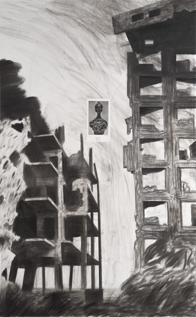 Nikita Kadan, Universal Ruins (Kyiv) & Universal Ruins (Gaza), 2024, Charcoal, coal, and collage on canvas, 190 x 118 cm