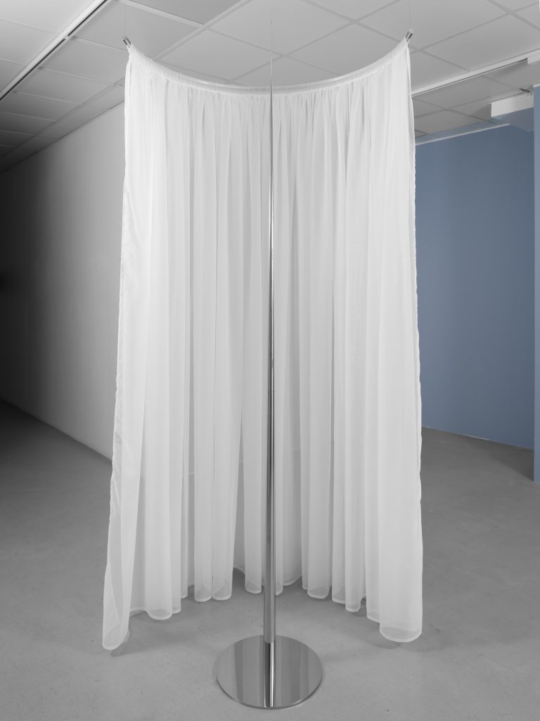 Nikita Kadan, Tryvoha II, 2025, Stainless steel, curtain, speakers, 230 x 100 x 100 cm