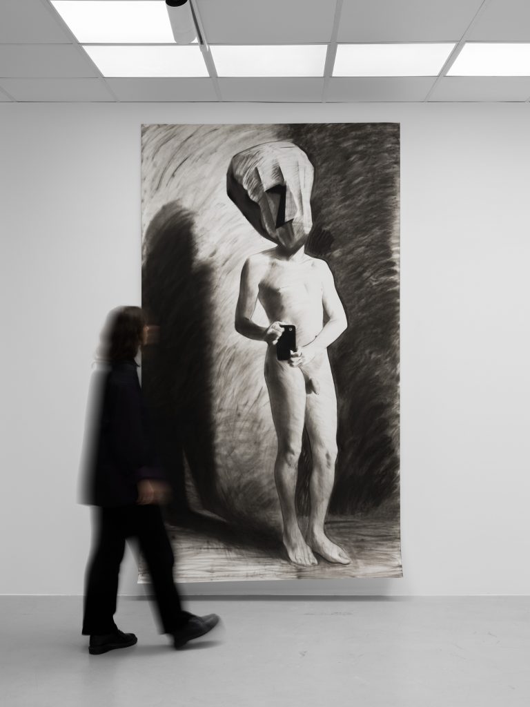 Nikita Kadan, Stone head, 2025, Charcoal on paper, 265 x 150 cm