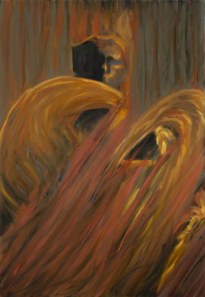 Virginie Ittah, Alina, 2025, Silk, ochres, stones, and plants collected and transformed into pigments by the artist, oil paint, oil stick, 130 x 90 cm