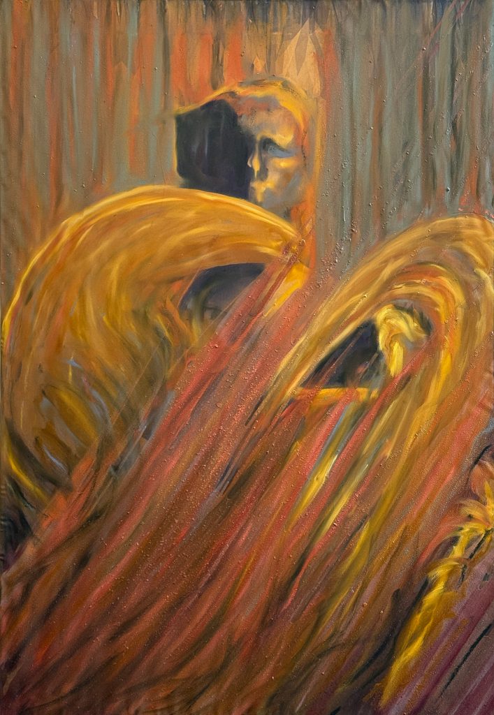 Virginie Ittah, Alina, 2025, Silk, ochres, stones, and plants collected and transformed into pigments by the artist, oil paint, oil stick, 130 x 90 cm