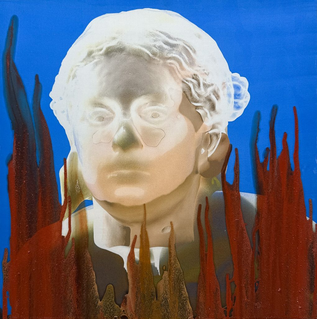 Virginie Ittah, Anaïs, 2026, Silk and cotton, ochres collected and transformed into pigments by the artist (91530 Le Marais), bio-based low-carbon indigo (Pili), oil paint, oil stick, 61 x 61 cm