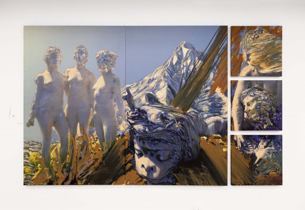 Virginie Ittah, Aura, 2025, Silk, ochres, and mica collected and transformed into pigments by the artist (91530 Le Marais, Massachusetts), oil paint, oil stick, Polyptych, 190 x 303 cm