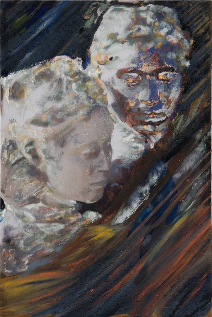 Virginie Ittah, Cassandre, 2025, Silk, ochres, stones, and plants collected and transformed into pigments by the artist, oil paint, oil stick, red Indonesian wood frame made during the artist's residency, 63 x 42 cm