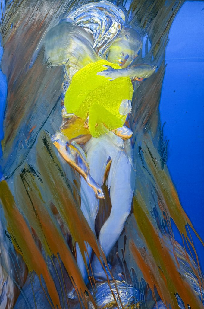 Virginie Ittah, David, 2026, Silk and cotton, ochres collected and transformed into pigments by the artist (91530 Le Marais), bio-based low-carbon indigo (Pili), oil paint, oil stick, 195 x 130 cm