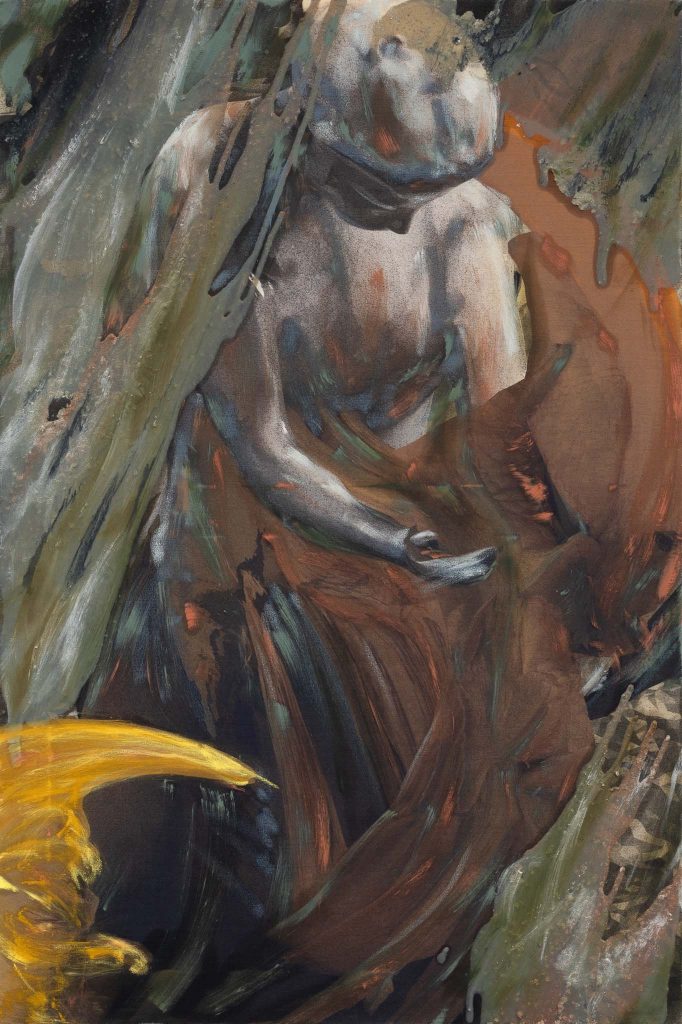 Virginie Ittah, Ella, 2025, Silk, ochres, stones, and plants collected and transformed into pigments by the artist, oil paint, oil stick, 60 x 90 cm