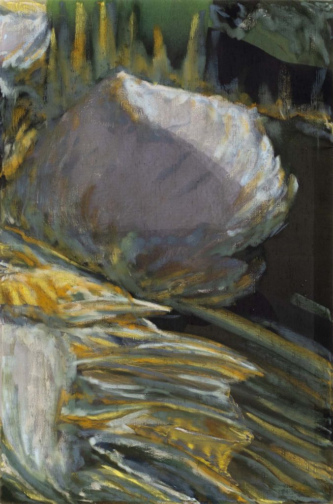 Virginie Ittah, Fleur, 2025, Silk, ochres, stones, and plants collected and transformed into pigments by the artist, oil paint, oil stick, 63 x 42 cm