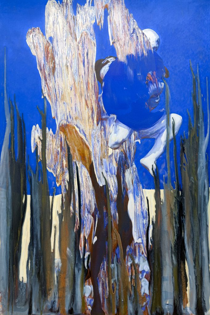 Virginie Ittah, Frédéric, 2026, Silk and cotton, ochres collected and transformed into pigments by the artist (91530 Le Marais), bio-based low-carbon indigo (Pili), oil paint, oil stick, 195 x 130 cm