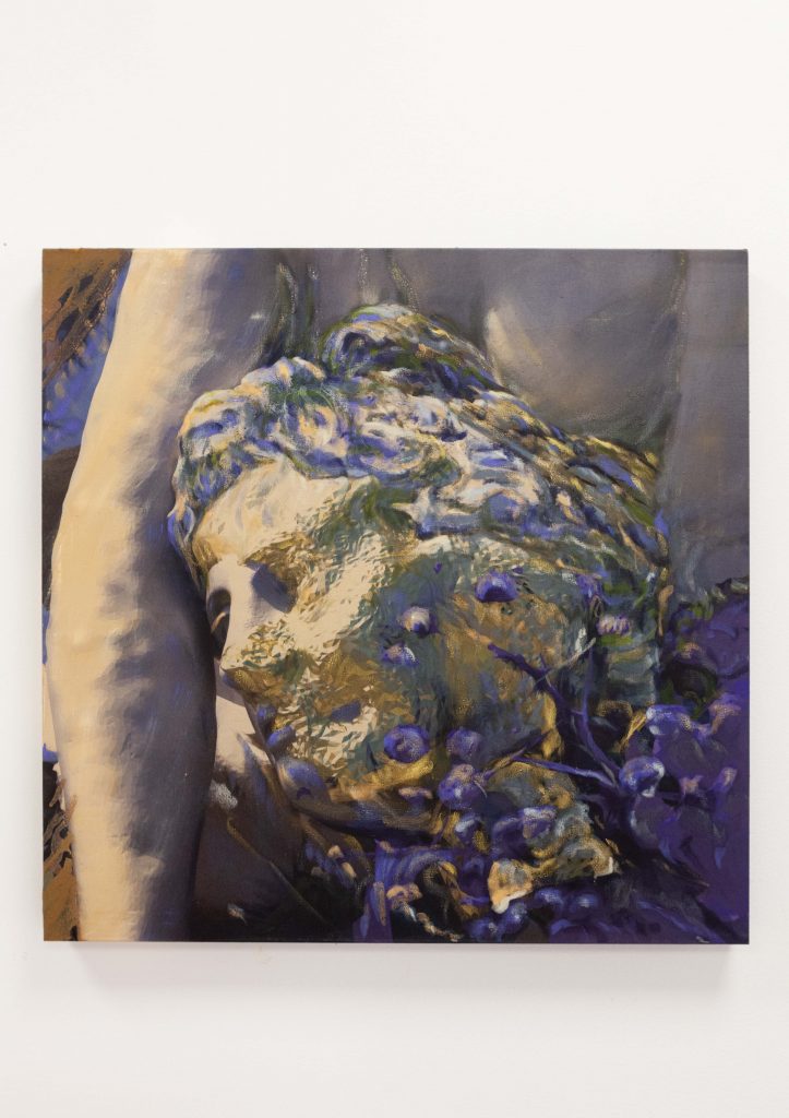 Virginie Ittah, Hélène (Aura), 2025, Silk, ochres, and mica collected and transformed into pigments by the artist (91530 Le Marais, Massachusetts), oil paint, oil stick, 60 x 60 cm