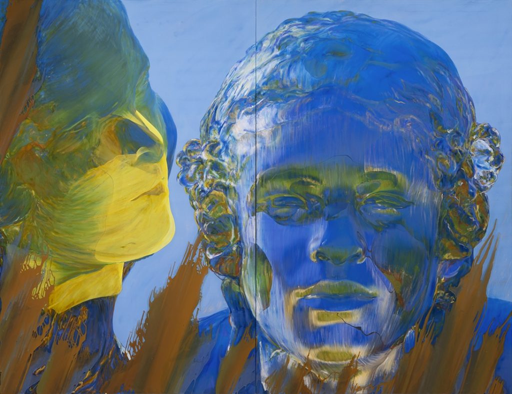 Virginie Ittah, Irène & Raphaëlle, 2026, Silk and cotton, ochres collected and transformed into pigments by the artist (91530 Le Marais), bio-based low-carbon indigo (Pili), oil paint, oil stick, 200 x 260 cm, Photo : © Nicolas Brasseur