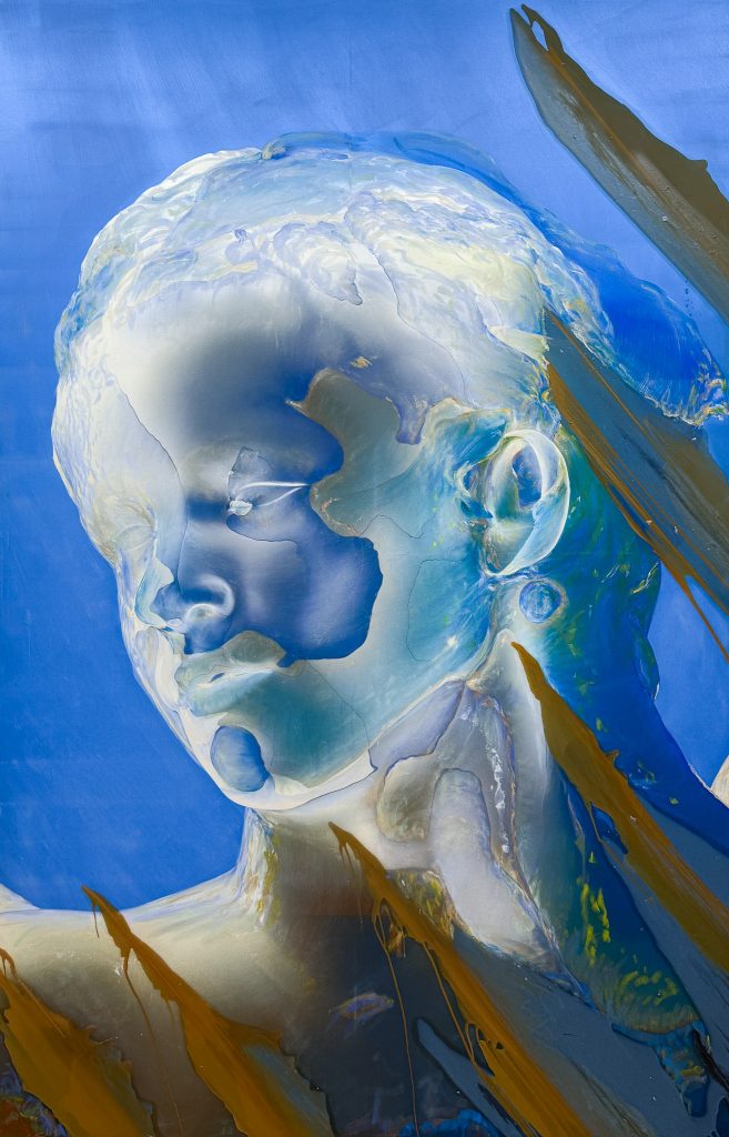 Virginie Ittah, Iris, 2026, Silk and cotton, ochres collected and transformed into pigments by the artist (91530 Le Marais), bio-based low-carbon indigo (Pili), oil paint, oil stick, 200 x 130 cm