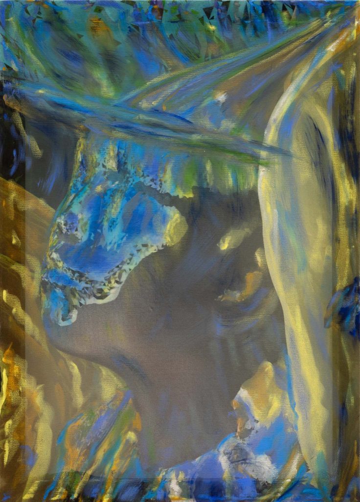 Virginie Ittah, Isodora, 2025, Silk, ochres, stones, and plants collected and transformed into pigments by the artist, oil paint, oil stick, red Indonesian wood frame made during the artist's residency, 46 x 33 cm