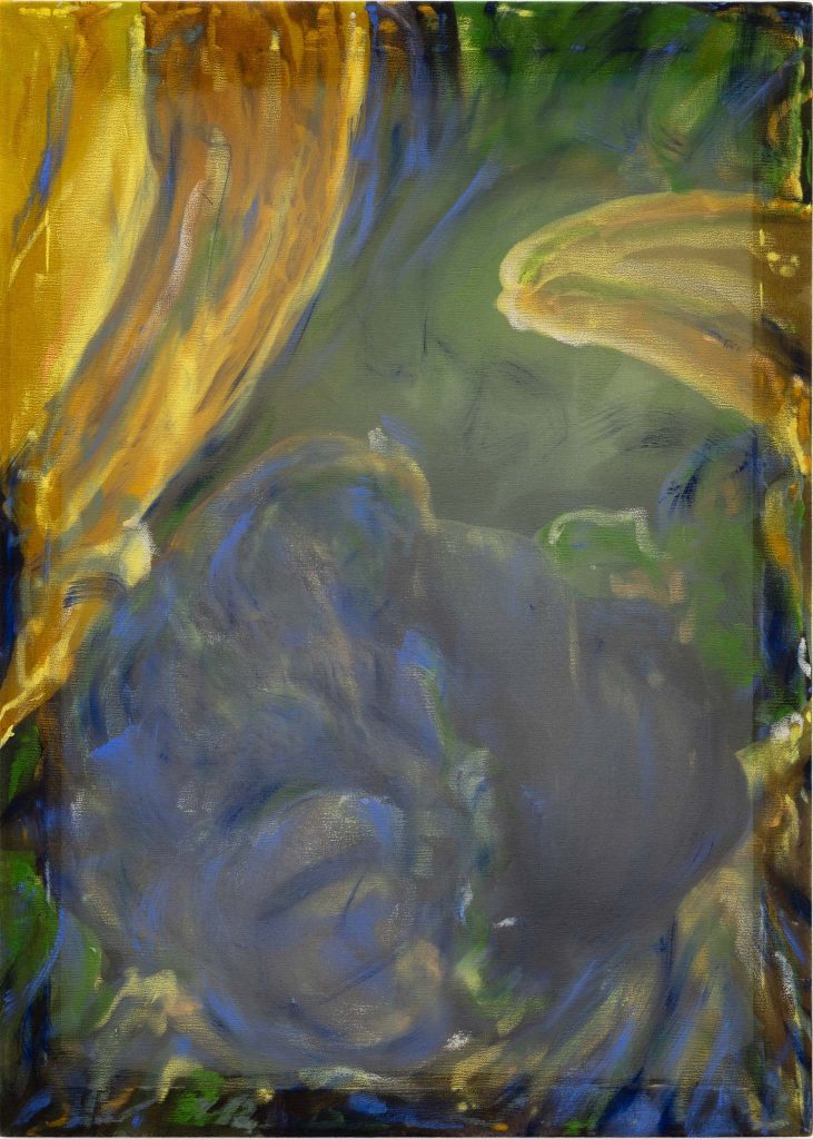 Virginie Ittah, Léandro, 2025, Silk, ochres, stones, and plants collected and transformed into pigments by the artist, oil paint, oil stick, red Indonesian wood frame made during the artist's residency, 46 x 33 cm