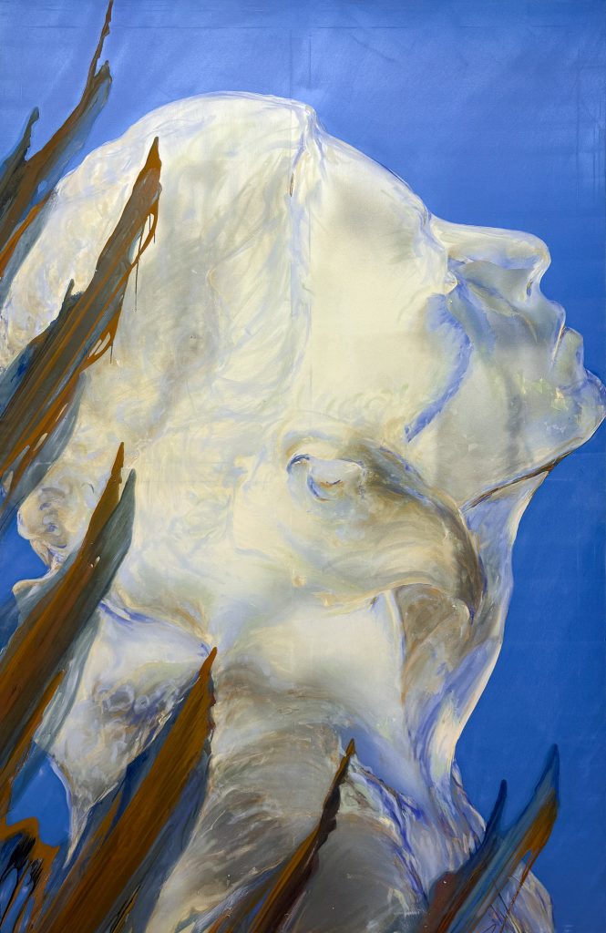 Virginie Ittah, Marie, 2026, Silk and cotton, ochres collected and transformed into pigments by the artist (91530 Le Marais), bio-based low-carbon indigo (Pili), oil paint, oil stick, 200 x 130 cm