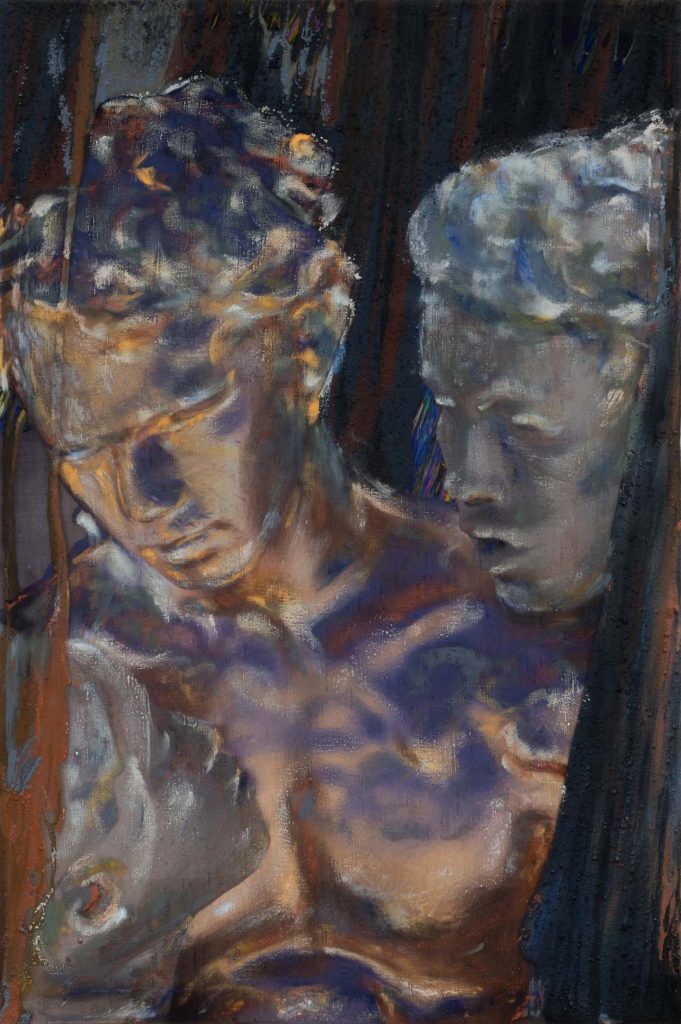 Virginie Ittah, Mercure, 2025, Silk, ochres, stones, and plants collected and transformed into pigments by the artist, oil paint, oil stick, red Indonesian wood frame made during the artist's residency, 63 x 42 cm