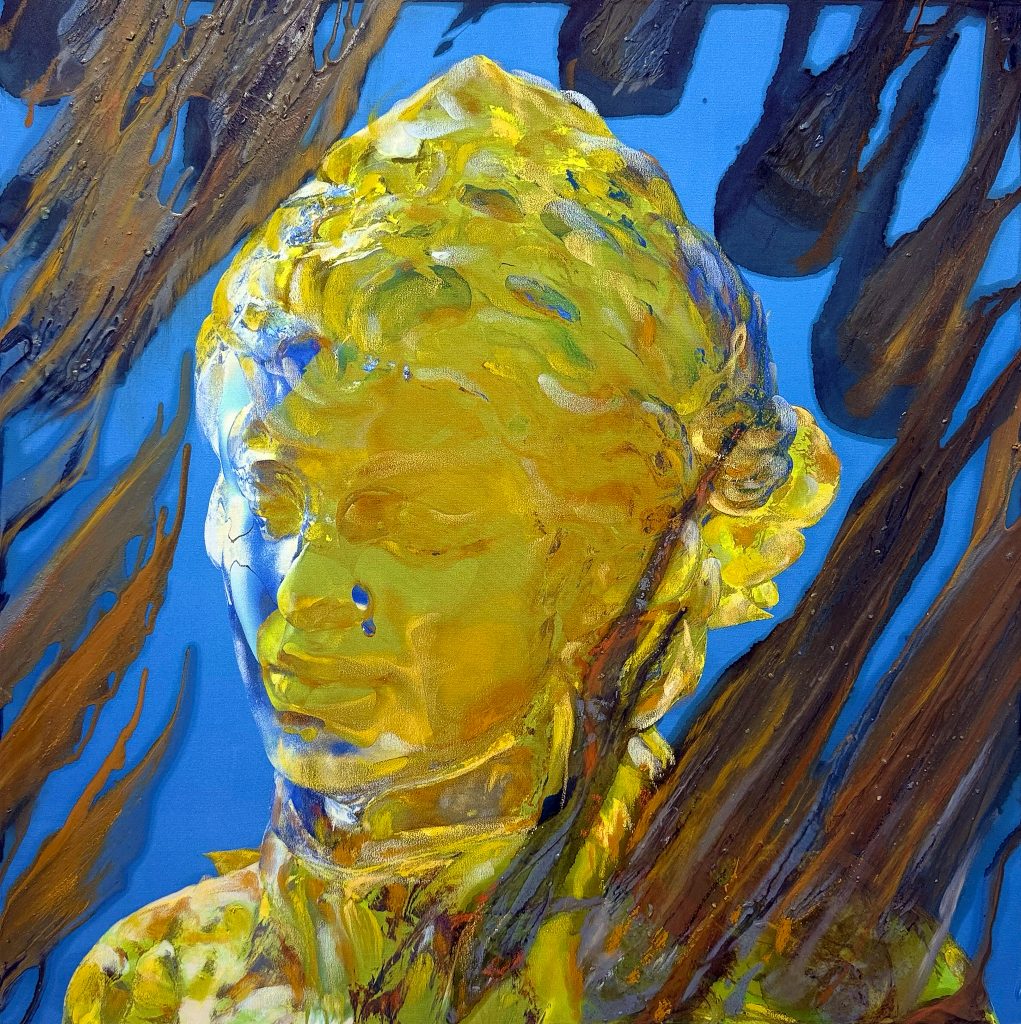 Virginie Ittah, Nathan, 2025, Silk and cotton, ochres collected and transformed into pigments by the artist (91530 Le Marais), bio-based low-carbon indigo (Pili), oil paint, oil stick, 61 x 61 cm