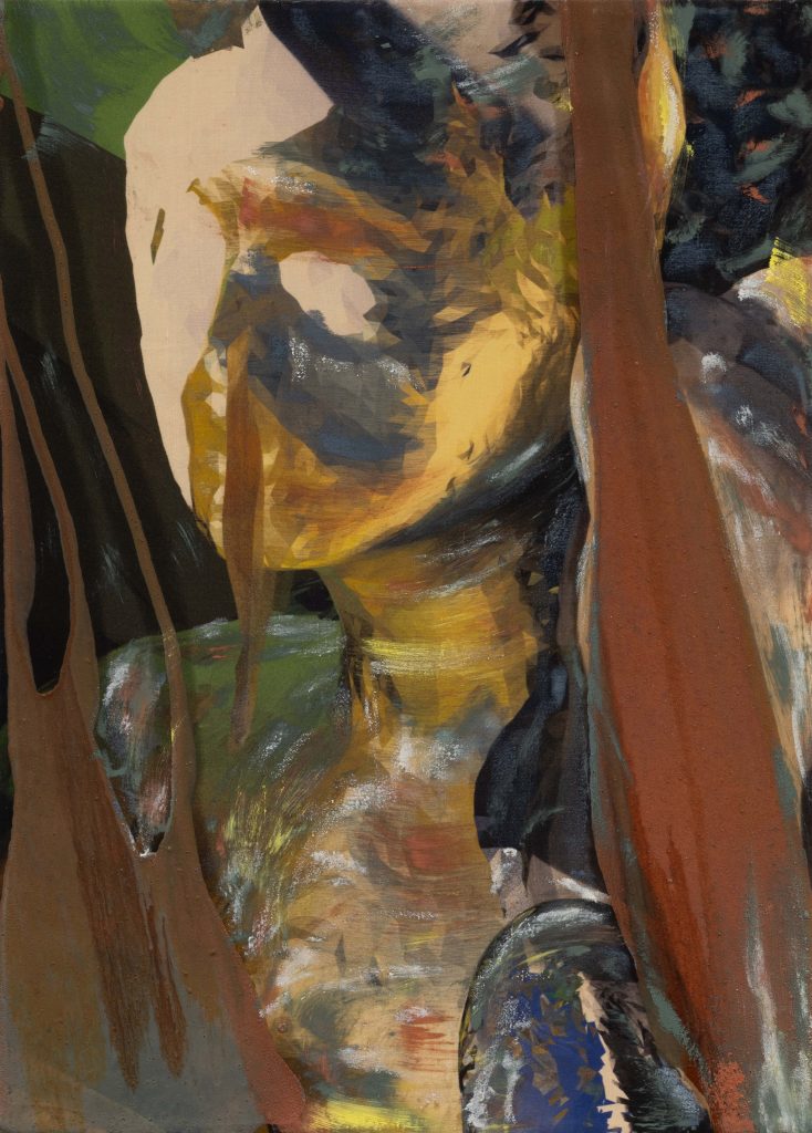 Virginie Ittah, Pandore, 2025, Silk, ochres, stones, and plants collected and transformed into pigments by the artist, oil paint, oil stick, red Indonesian wood frame made during the artist's residency, 46 x 33 cm