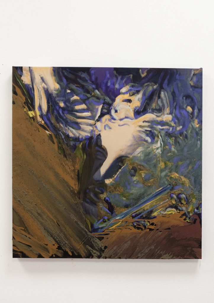 Virginie Ittah, Sarah, 2025, Silk, ochres, and mica collected and transformed into pigments by the artist (91530 Le Marais, Massachusetts), oil paint, oil stick, 60 x 60 cm