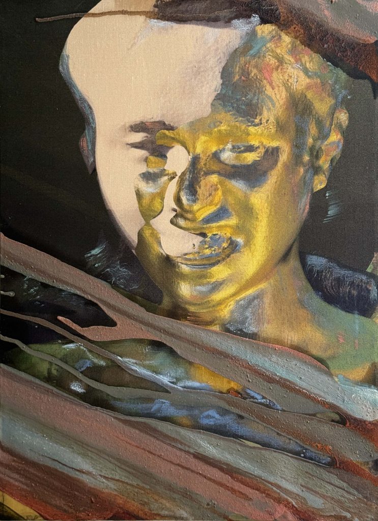 Virginie Ittah, Séléné, 2025, Silk, ochres, stones, and plants collected and transformed into pigments by the artist, oil paint, oil stick, red Indonesian wood frame made during the artist's residency, 46 x 33 cm