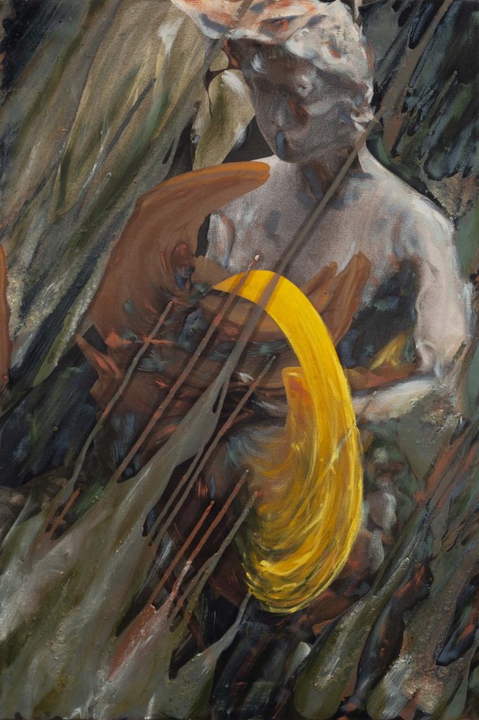 Virginie Ittah, Violet, 2025, Silk, ochres, stones, and plants collected and transformed into pigments by the artist, oil paint, oil stick, 60 x 90 cm